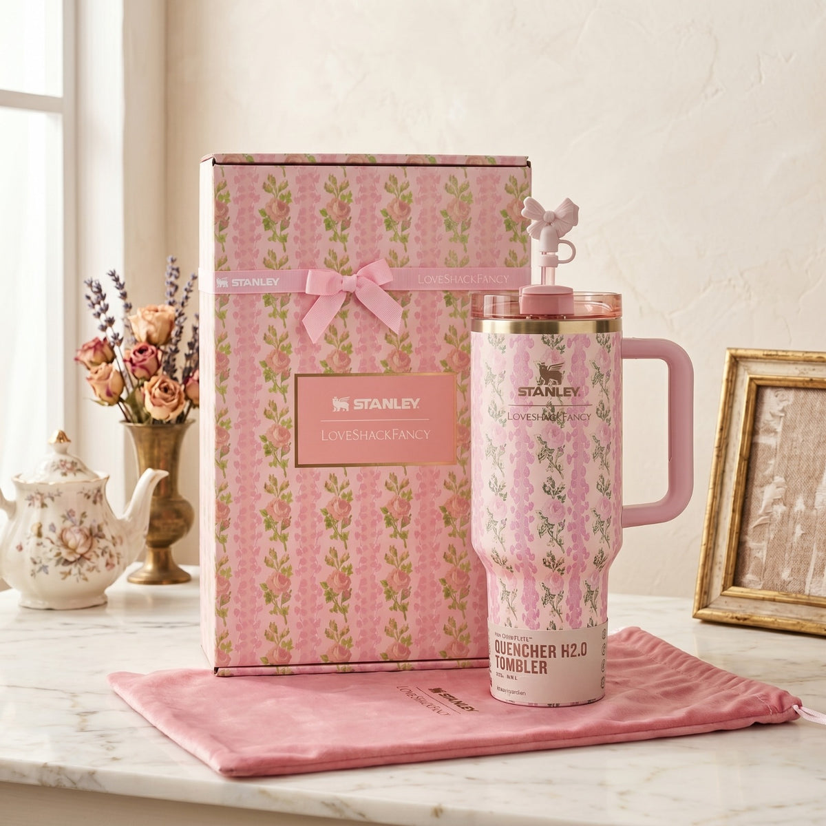Stanley x LoveShackFancy, Stanley Quencher 40 oz, LoveShackFancy Quencher, Stanley Sunshine Rose, Stanley tumbler 40 oz, LoveShackFancy tumbler, 40 oz insulated tumbler, Stanley cup, Stanley water tumbler, gift tumbler, Sunshine Rose tumbler