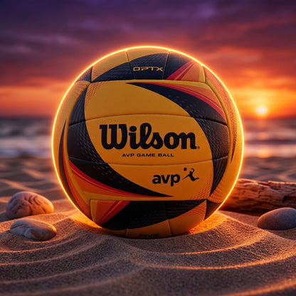 Wilson AVP OPTX, Wilson beach volleyball, AVP OPTX volleyball, official game volleyball, yellow black volleyball, outdoor beach volleyball, Wilson volleyball, beach volleyball ball, competitive volleyball, volleyball training ball, AVP volleyball