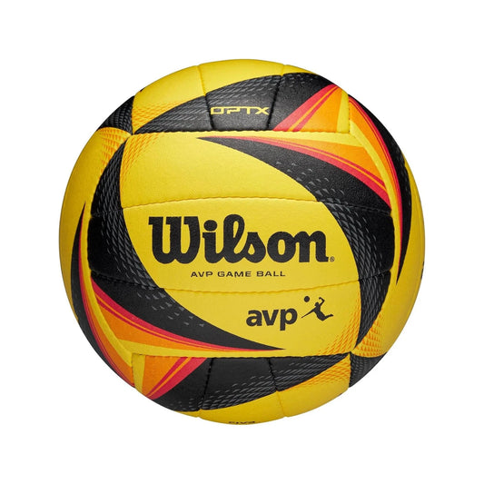 Wilson AVP OPTX, Wilson beach volleyball, AVP OPTX volleyball, official game volleyball, yellow black volleyball, outdoor beach volleyball, Wilson volleyball, beach volleyball ball, competitive volleyball, volleyball training ball, AVP volleyball